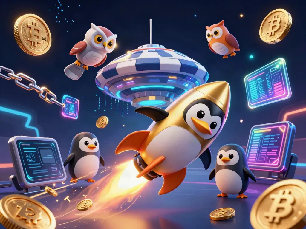 Engage with 9bet's thrilling adventures featuring a golden penguin flying towards a casino space station.