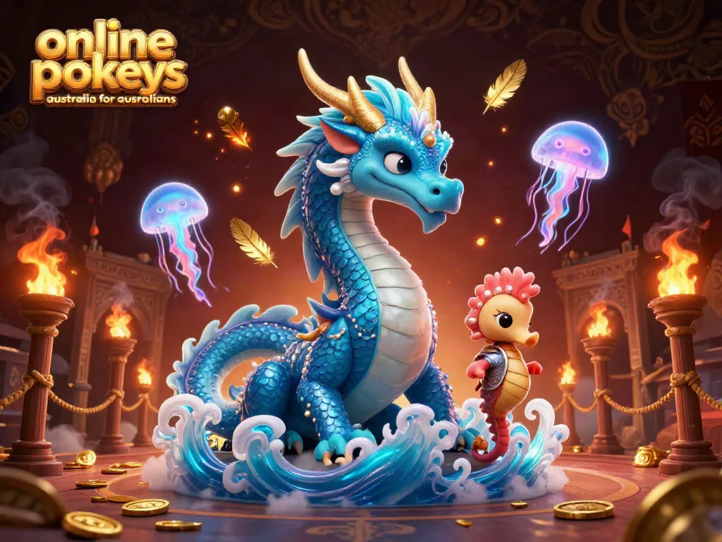 Engage in exciting online pokies Australia for Australians with a vivid dragon and jellyfish illustration.