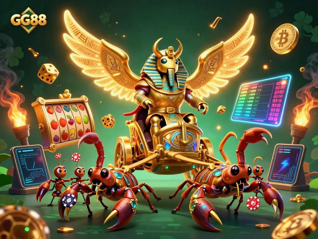 Experience thrilling gameplay with GG88 as a colossal golden scarab beetle leads a vibrant casino scene.