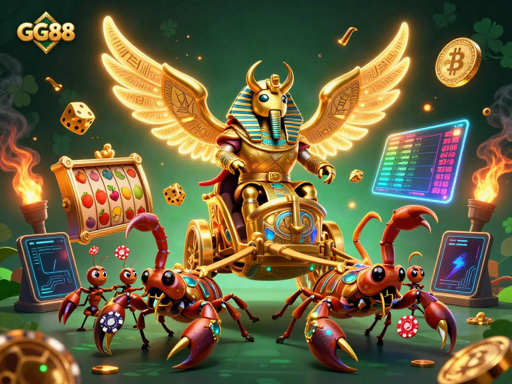 Experience thrilling gameplay with GG88 as a colossal golden scarab beetle leads a vibrant casino scene.