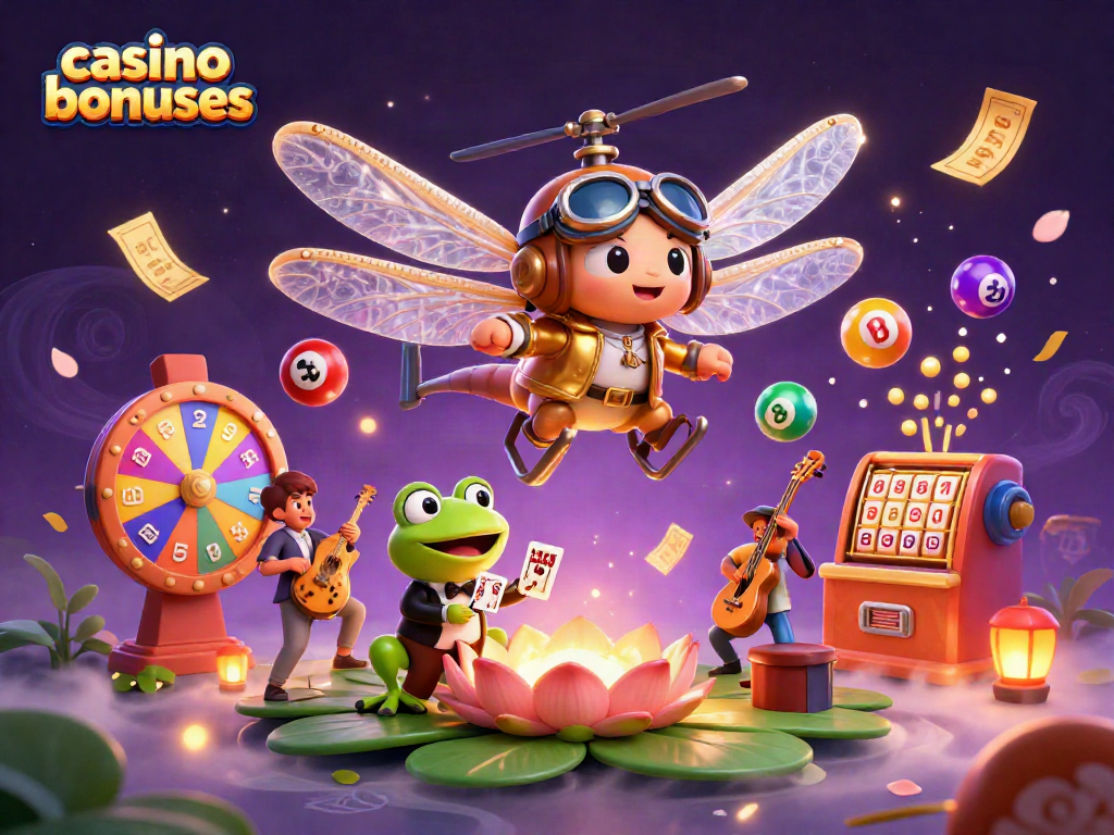 Win with captivating casino bonuses illustrated in a vibrant, dynamic casino scene.