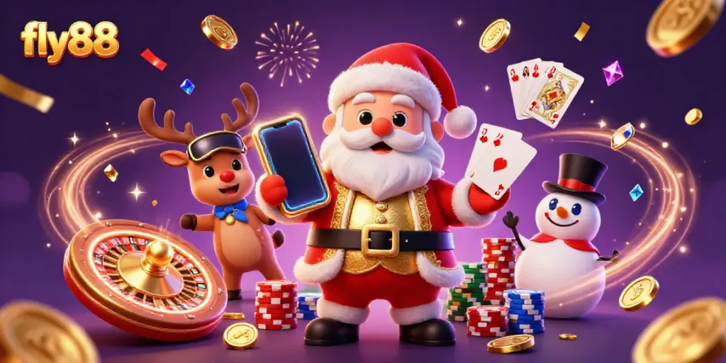 Fly88 Santa Claus wins big as he plays exciting slots with friends in a vibrant casino scene.