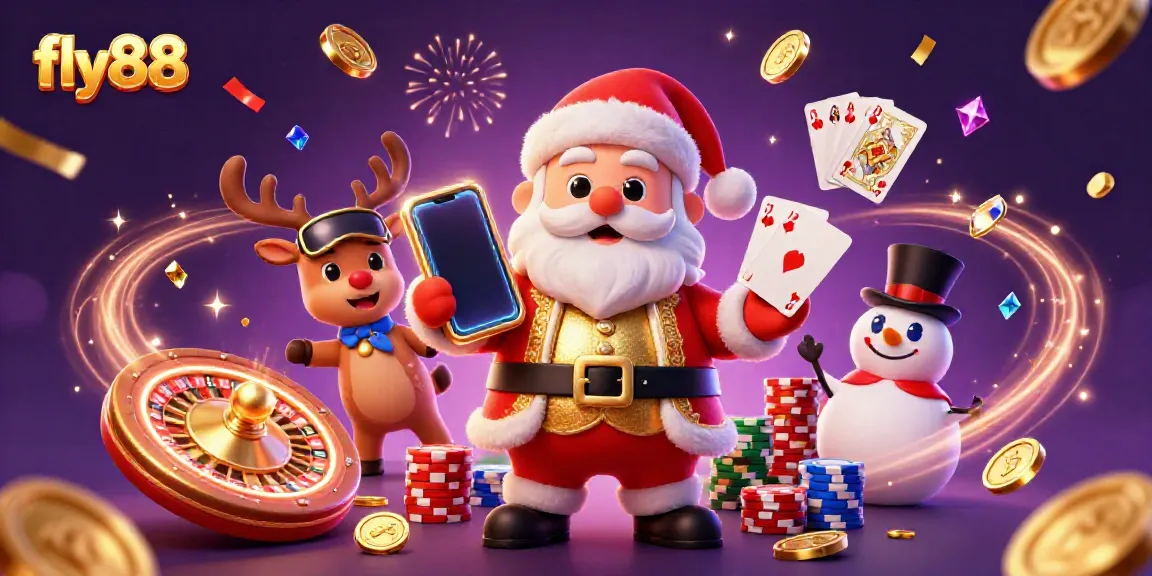 Fly88 Santa Claus wins big as he plays exciting slots with friends in a vibrant casino scene.