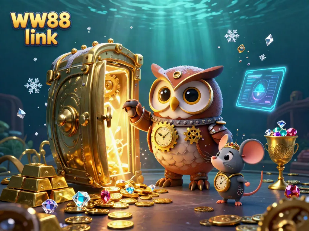 Play and win with the dazzling WW88 link showcasing vibrant casino elements, a time-traveling owl, and shimmering treasures.