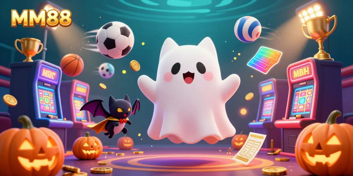 Engage with MM88 in a magical casino scene featuring a ghost cat, vampire bat, and glowing jack-o-lanterns.