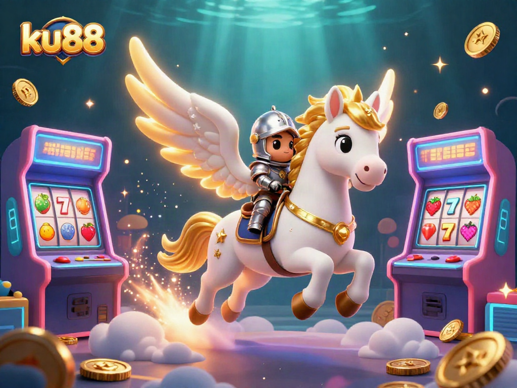 ku88 casino experience with a celestial horse, knight, and vibrant gaming elements