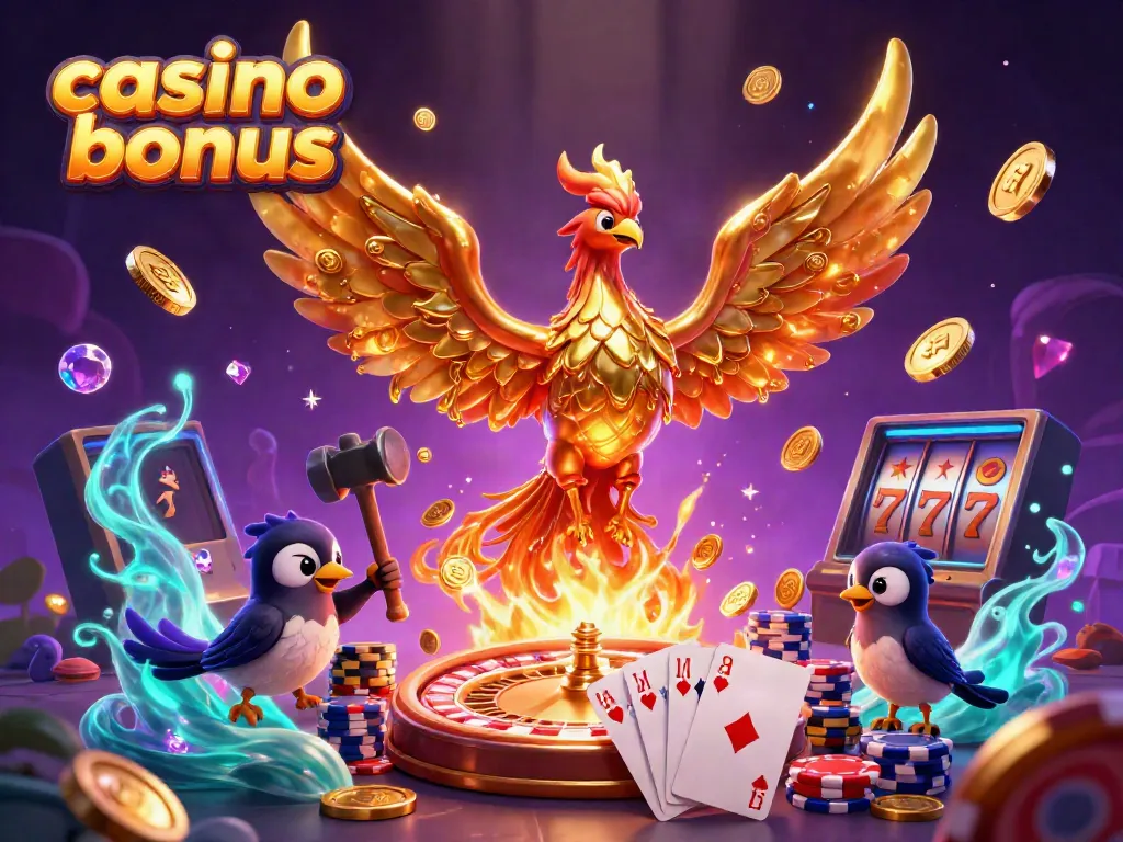 Experience thrilling casino bonuses with molten gold phoenix and shimmering coins in this vibrant 3D scene.